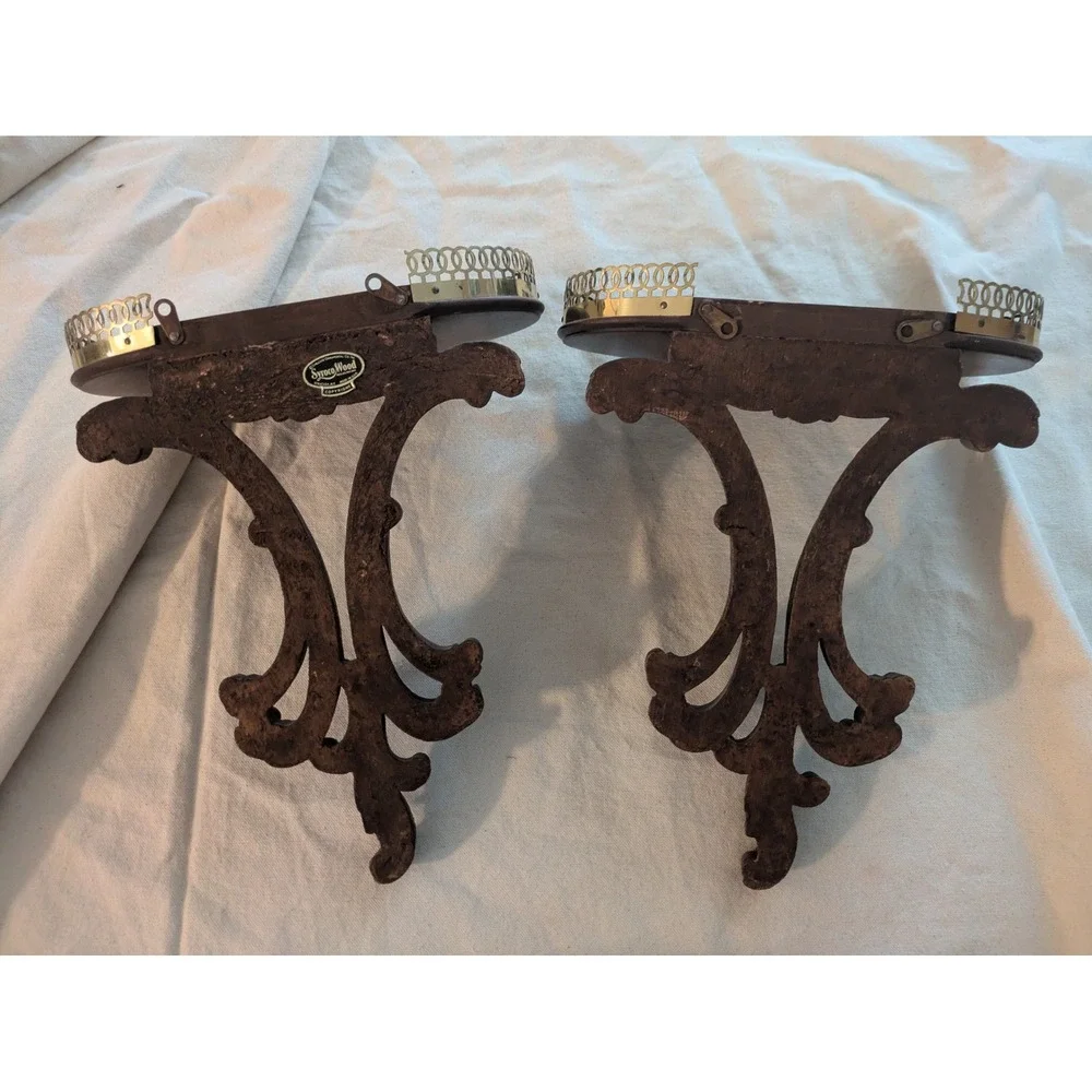 Lot of 2 Syroco Wood Wall Corbel Shelves Brass Gallery Rail MCM 11 In